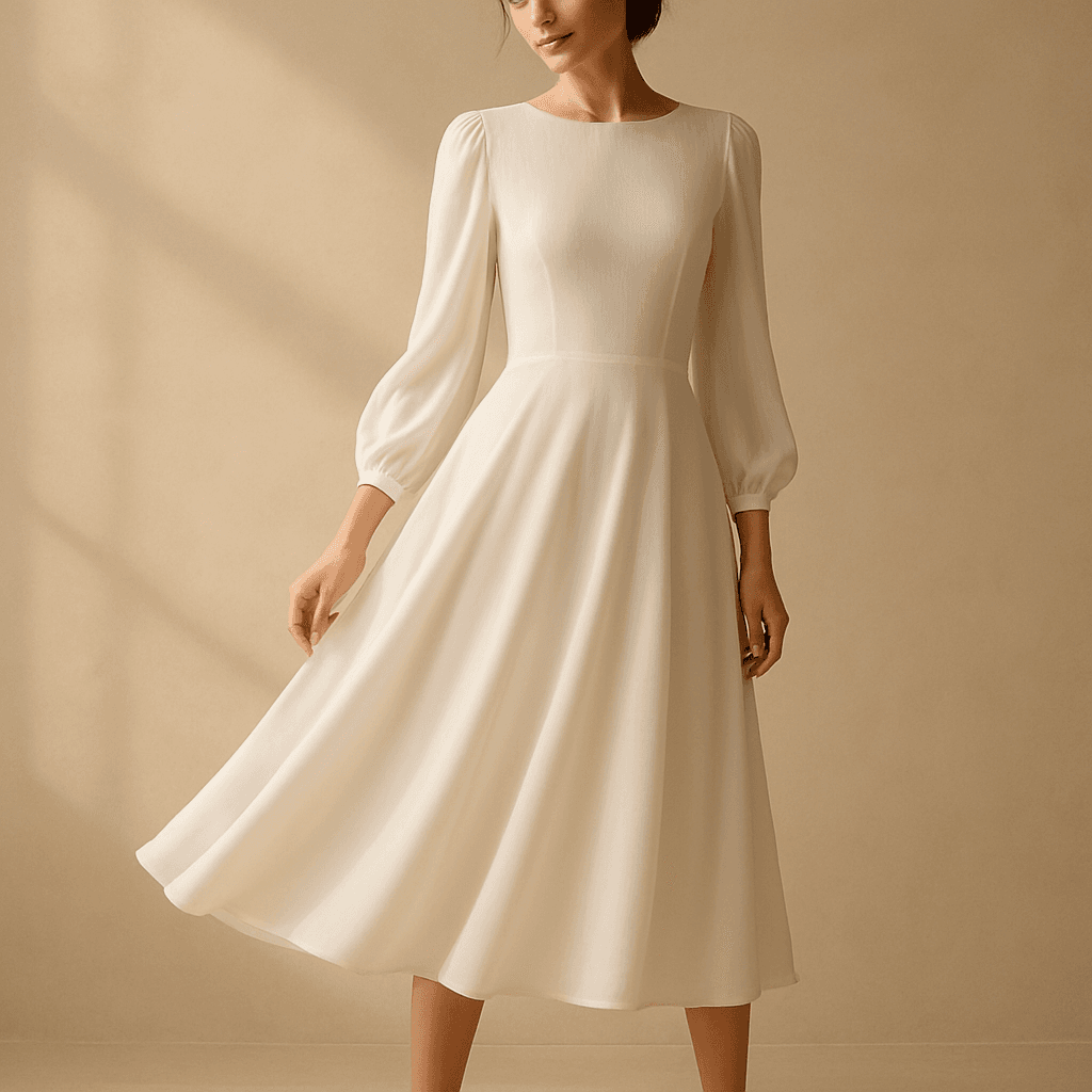 Vestido branco elegante em atmosfera editorial Virtuosa